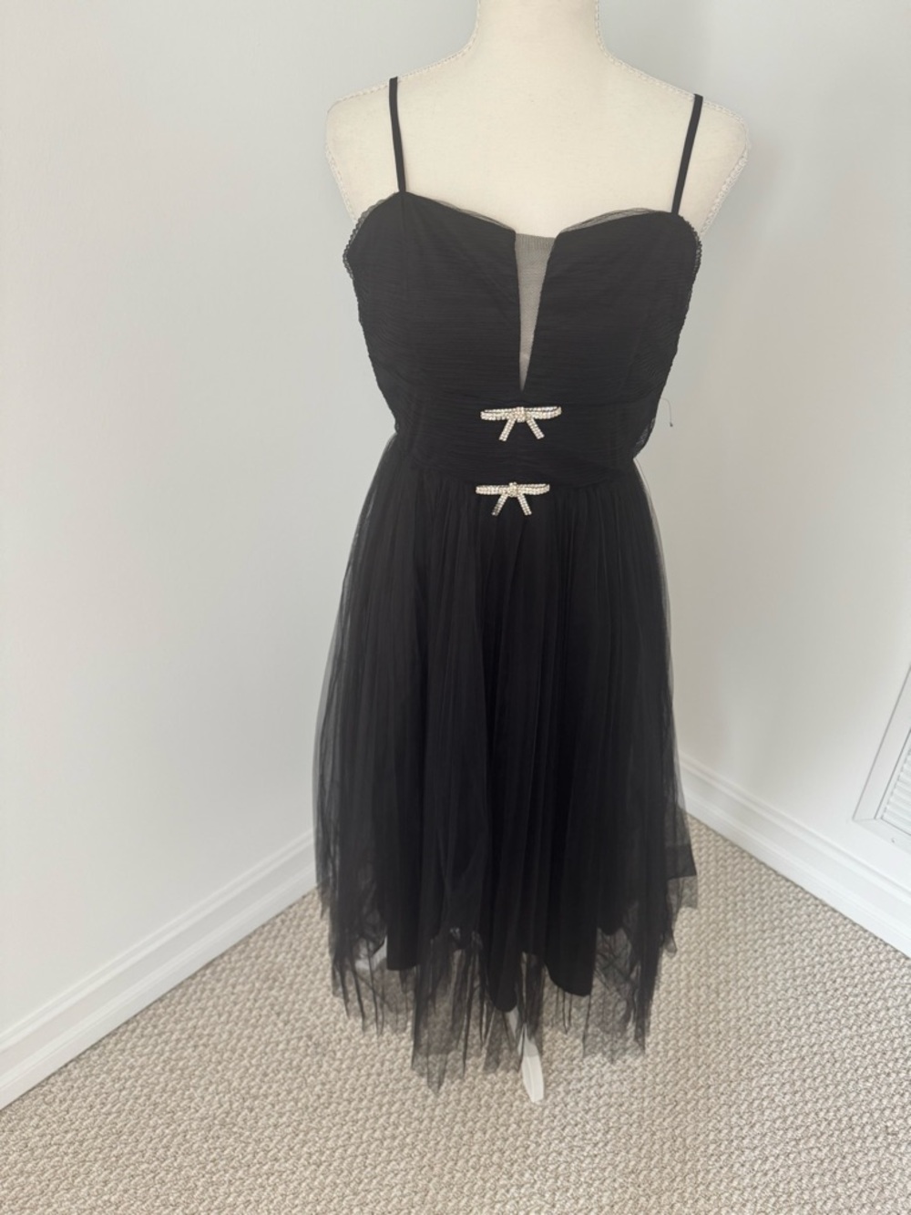 miami Black Tulle Midi Dress with Rhinestone Bows